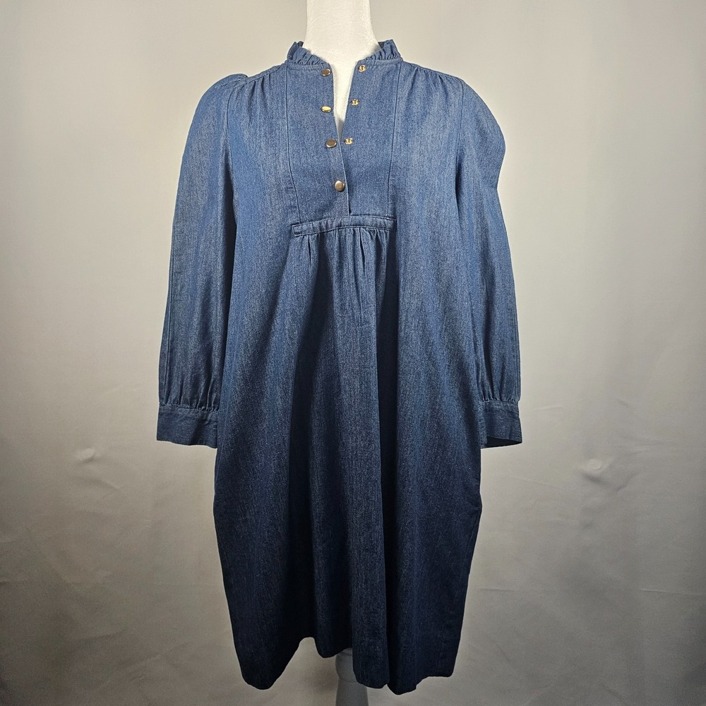 Pomander Place Chambray Claiborne Dress Ruffle Neck Gold Button Medium Size S - Picture 2 of 15
